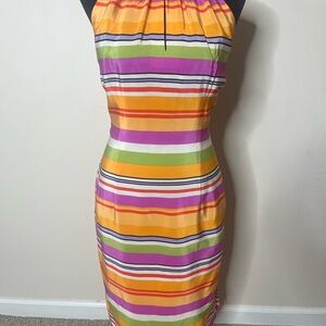 Elizabeth Scott Women’s Orange Striped Sleeveless Silk Knee Dress Sz 10